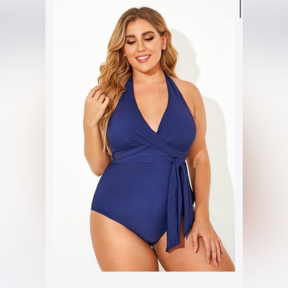 Medium Blue Faux V-neck Halter Women One Piece Swimsuit Blue